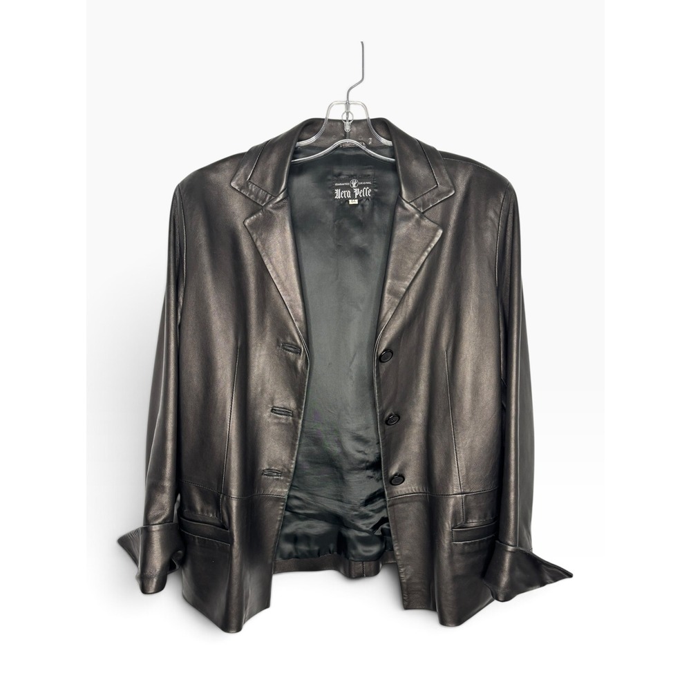 Vera Pelle Leather Blazer Womens 44 Black Good Italian Made Flared Cuffs